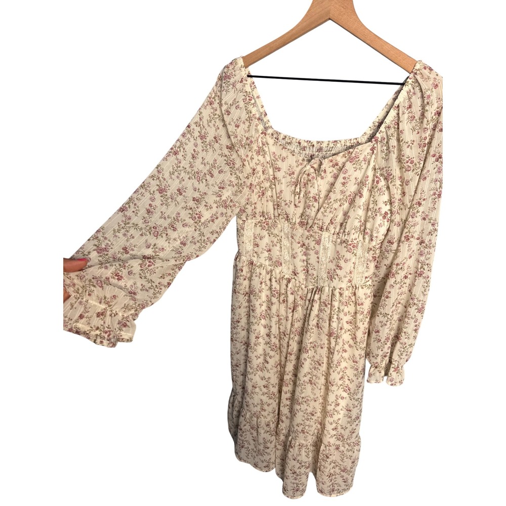 Floral Cottagecore Smocked Back Midi Dress Cream Pink Gold Stripe Large